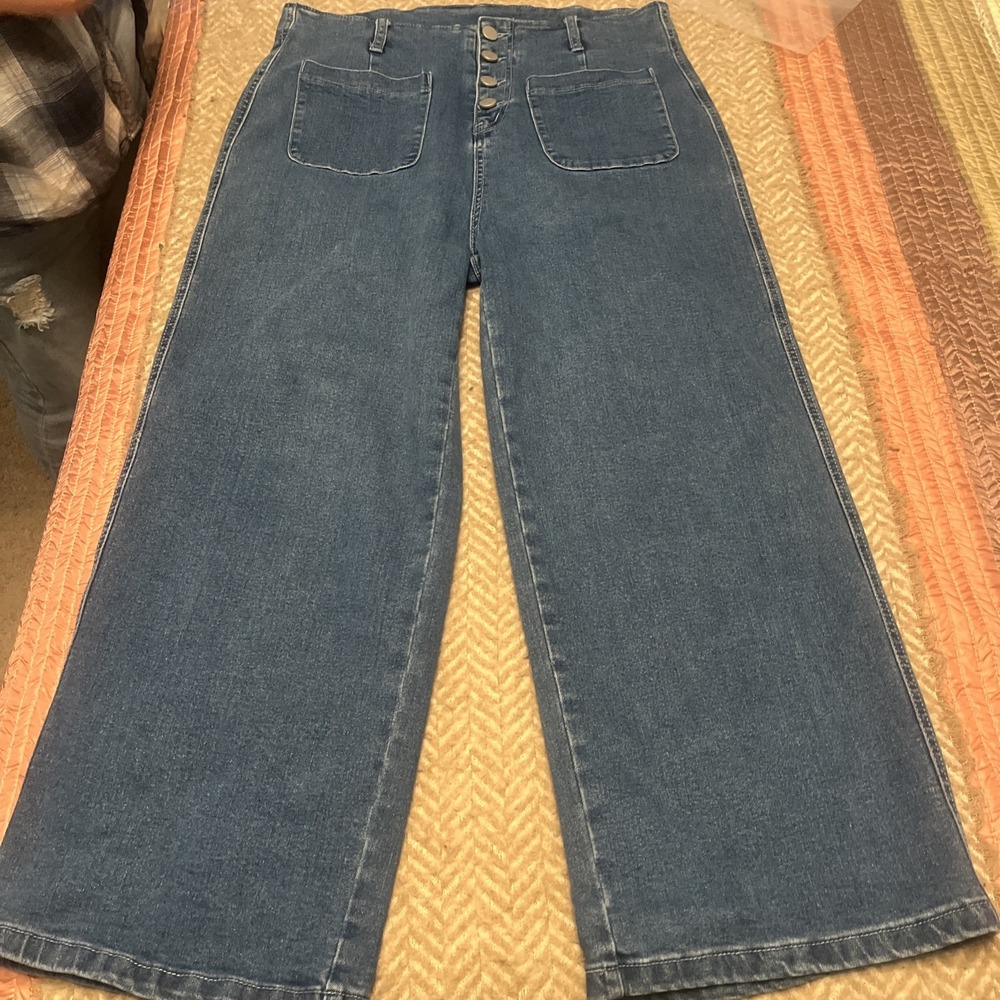 Vintage Style Sailor Wide Leg Rise Patch Pocket Cropped Stretch Jeans check 📸